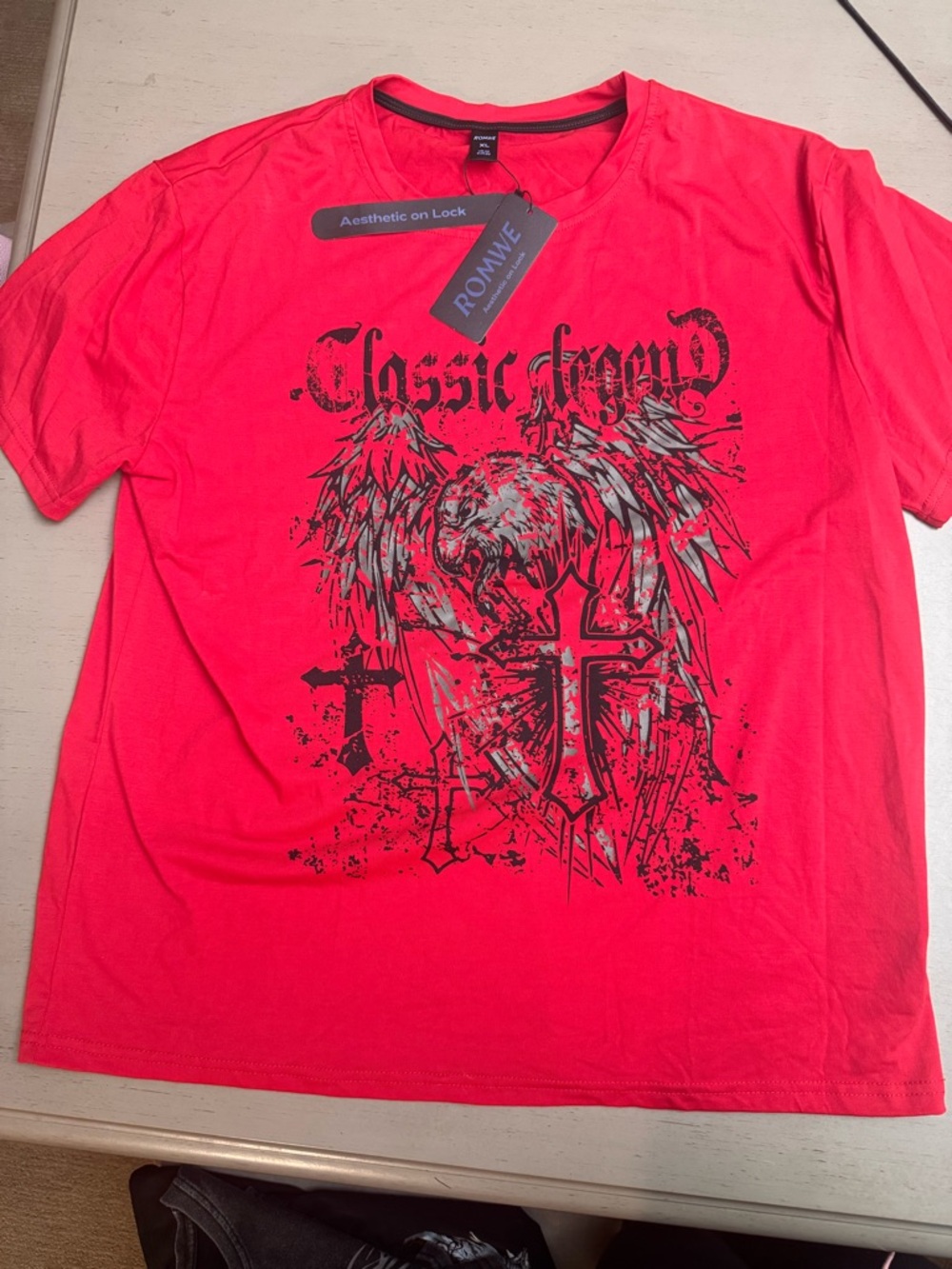 ROMWE Men’s Bright Red Graphic Tee with Black Cross Wings Gothic NWT